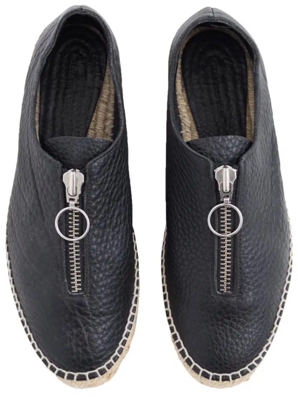 Black Leather Zip-Front Espadrille Slip-Ons